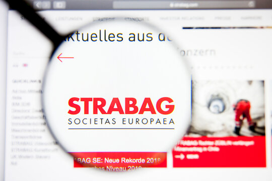 Los Angeles, California, USA - 5 March 2019: STRABAG website homepage. STRABAG logo visible on display screen, Illustrative Editorial