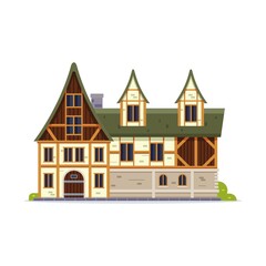 Medieval residential mansion icon in flat style. Middle age European house symbol. Vintage Europe buildings.