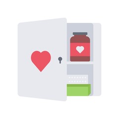 Medicine cabinet with pill tablets, drug bottles icon illustration. Medical office first aid kit cupboard vector icon.