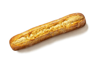 French rustic baguette with a Golden crust on a white background