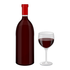 Bottle of red wine and glass. Object on a white background. Isolated object on a white background. Cartoon style. Object for packaging, advertisements, menu. Vector illustration.