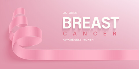 Breast cancer awareness month vector banner with photorealistic pink ribbon