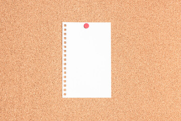 Flat lay of a blank paper with a red thumb tack holding it on a cork board