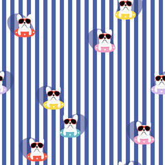 Funny French bulldog with sunglasses and pool float. Cute cartoon dog on summer pool party. Seamless vector illustration.