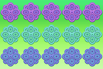 seamless pattern with abstract purple, green, blue flowers on green yellow gradient background