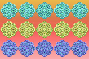 seamless pattern with abstract yellow, green, blue flowers on rose gradient background