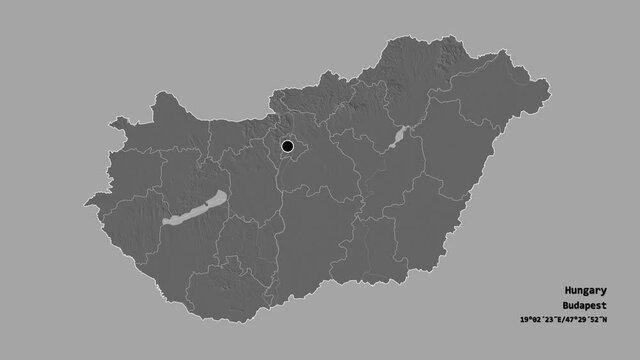 Heves, county of Hungary, with its capital, localized, outlined and zoomed with informative overlays on a bilevel map in the Stereographic projection. Animation 3D