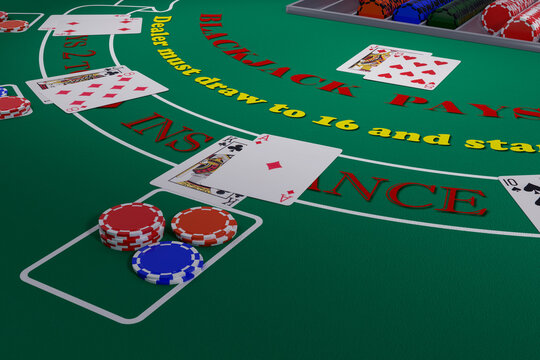 Close up of a blackjack table with cards and chips. 3d illustration.