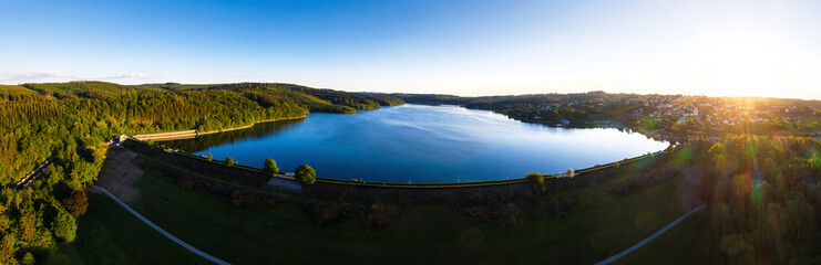 german sorpetalsperre dam in the sauerland from above as high definition panorama