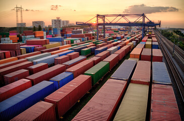 Container vagoons in export and import business and logistics. Aerial view