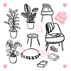 Vector lifestyle hygge comic furniture illustration set. Black line art hand drawn design. Greeting card, gift, cozy miss you note. Modern brush design on white background isolated vector elements