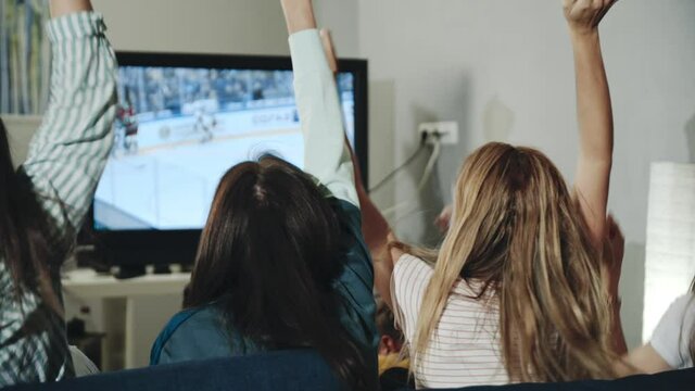 Backshot group of teens watching hockey match on tv celebrating goal. Excited millenials cheering for team sitting in living room. Concept of leisure, lifestyle, spending time together, victory.
