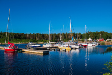Fototapeta na wymiar Yacht club, with a lot of different yachts and boats, ships. Beautiful nature, green forest in the background. A beautiful red yacht in the foreground.