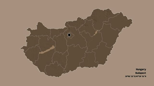 Somogy, county of Hungary, with its capital, localized, outlined and zoomed with informative overlays on a administrative map in the Stereographic projection. Animation 3D