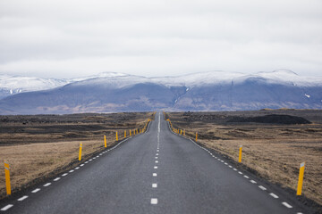 Travel to Iceland. Typical Icelandic landscape with Ring Road and scenic nature.