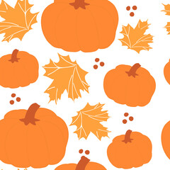 Pumpkin and maple leaves yellow color fall seamles pattern. Hand drawn clip art illustration. Thanksgiving, happy harvest celebrate. Fabric design