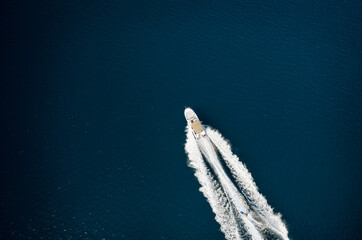 Speed boat in beautiful mediterranean sea, aerial view