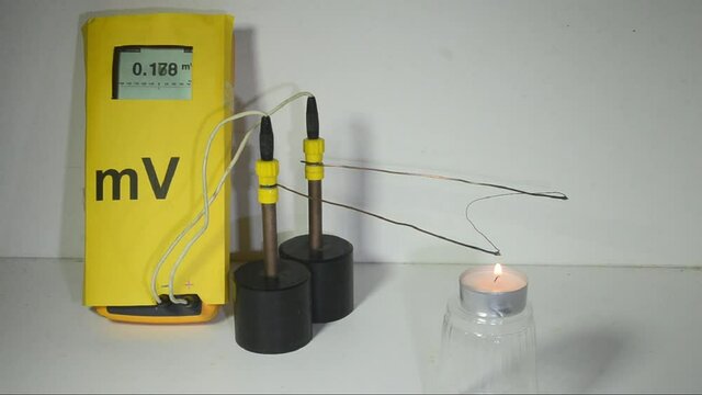 Three wire segments, two copper wires and a constantan segment. One joint is heated with a flame, this causes the wire joint to create a voltage that is measuret with a milli-voltmeter.