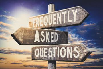 Frequently asked questions - wooden signpost, roadsign with three arrows - obrazy, fototapety, plakaty