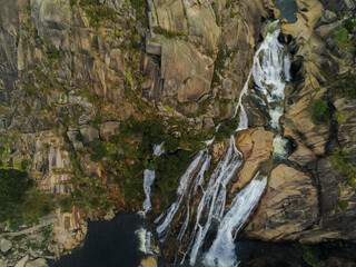 Aerial view of beautiful waterfall in Galicia.Spain. Drone Photo