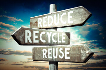 Reduce, recycle, reuse - wooden signpost, roadsign with three arrows