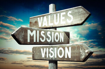 Values, mission, vision - wooden signpost, roadsign with three arrows