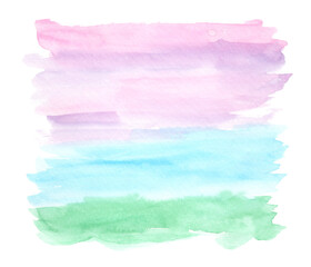 Bright horizontal green, blue, purple and pink watercolor landscape background, wash technique. Abstract violet sky and turquoise water watercolour textured concept, marine nature illustration