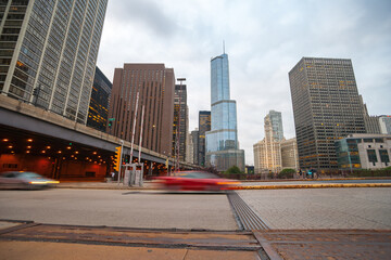 Street scene, intersection East Upper Whacker and Columbus Drive tiered road and highrise buildings, Chicago, Illinois, USA