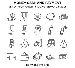 A set of simple but high quality linear icons illustrating money cash and payment.