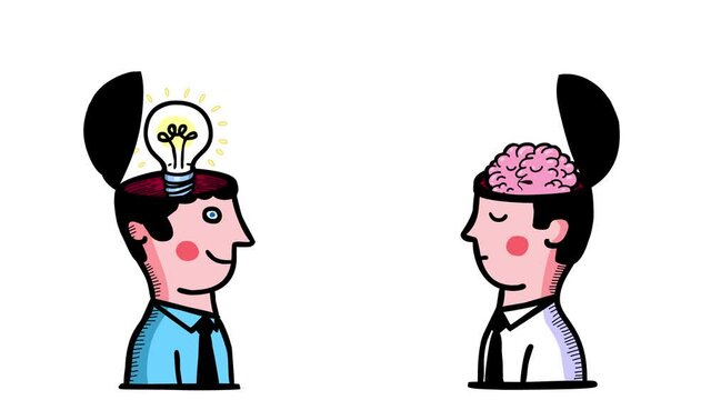 Cartoon idea and no idea inside two heads. Creative brainstorming against inaction. Bulb and sleeping brain inside as symbols. Light and darkness. Good for explainer.