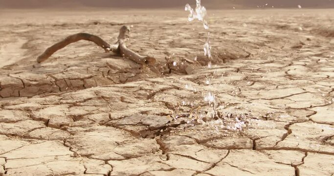 Water drops falling on cracked ground of dried lake. Close up shot of dried mud after erosion and desertification - ecology, save our planet concept 4k footage