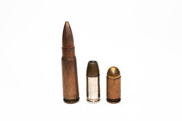 Ammo Bullet Group Including Rifle and Two Pistol Ammunition Standing No Background on White only Isolated