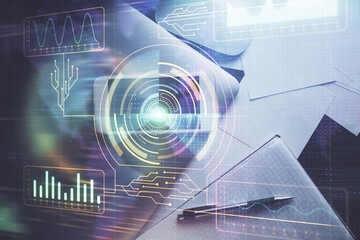 Double exposure of technology theme drawing over work table desktop. Top view. Global data analysis concept.