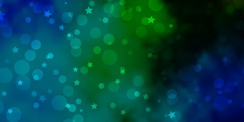 Light Blue, Green vector pattern with circles, stars. Abstract design in gradient style with bubbles, stars. Template for business cards, websites.