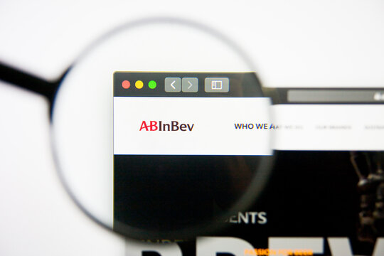 Los Angeles, California, USA - 28 February 2019: Anheuser-Busch InBev website homepage. Anheuser-Busch InBev logo visible on display screen, Illustrative Editorial