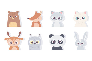 cute animals portrait face panda bear fox cat rabbit fox deer raccon icons