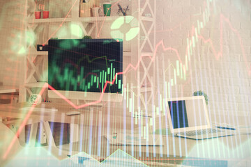 Double exposure of financial graph drawing and office interior background. Concept of stock market.