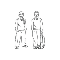 elementary school students pose with bags Monoline Illustration