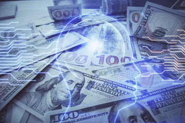 Double exposure of brain drawing over us dollars bill background. Technology concept.