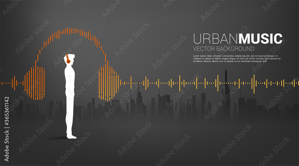 Poster silhouette of man with headphone and sound wave music equalizer background with city background. aud