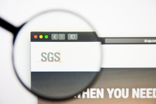 Los Angeles, California, USA - 28 February 2019: SGS website homepage. SGS logo visible on display screen, Illustrative Editorial