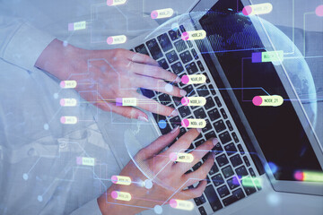 Double exposure of woman hands working on computer and data theme hologram drawing. Top View....
