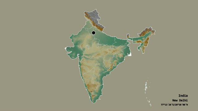 Himachal Pradesh, union territory of India, with its capital, localized, outlined and zoomed with informative overlays on a relief map in the Stereographic projection. Animation 3D