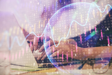 Multi exposure of woman hands typing on computer and financial graph hologram drawing. Stock market analysis concept.