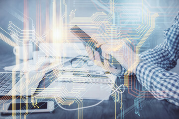Multi exposure of man's hands holding and using a digital device and map drawing. International business concept.