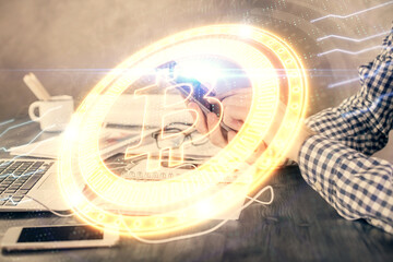 Double exposure of man's hands holding and using a phone and crypto currency blockchain theme drawing.