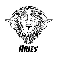 Zodiac signs - Aries monochrome . T-shirt print. Vector illustration. Mixed media