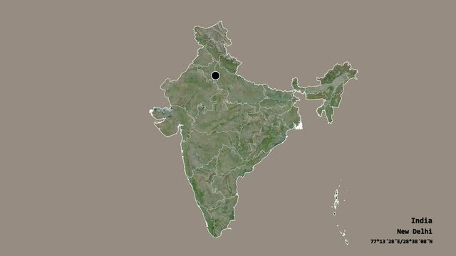 Madhya Pradesh, state of India, with its capital, localized, outlined and zoomed with informative overlays on a satellite map in the Stereographic projection. Animation 3D