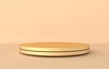 3d rendered studio with geometric shapes, podium on the floor. Platforms for product presentation, mock up background. Abstract composition in minimal design, pastel and gold colors
