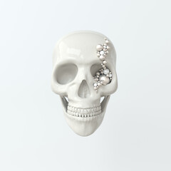 Human scull 3d rendering. White death's-head with pearl on white background